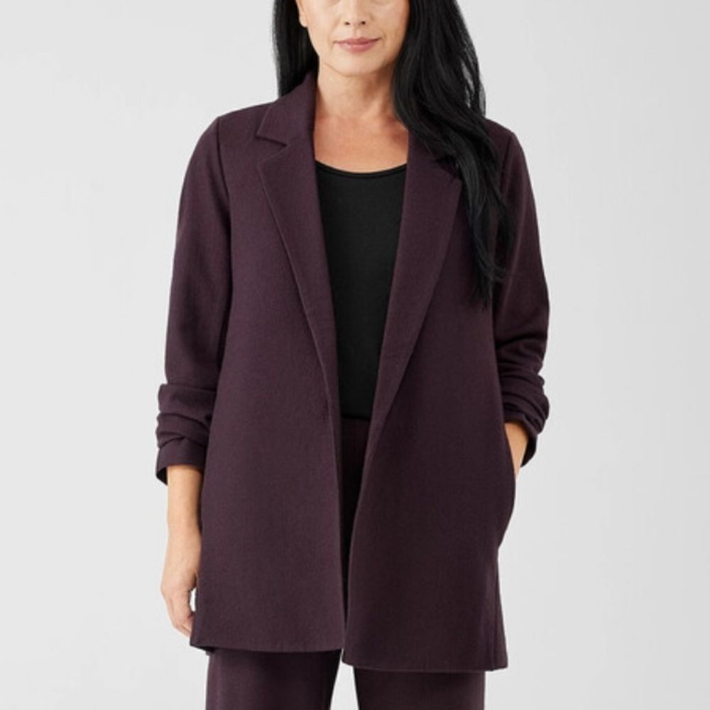Eileen Fisher Boiled Wool Jersey Long Blazer Deep Dark Purple Size S